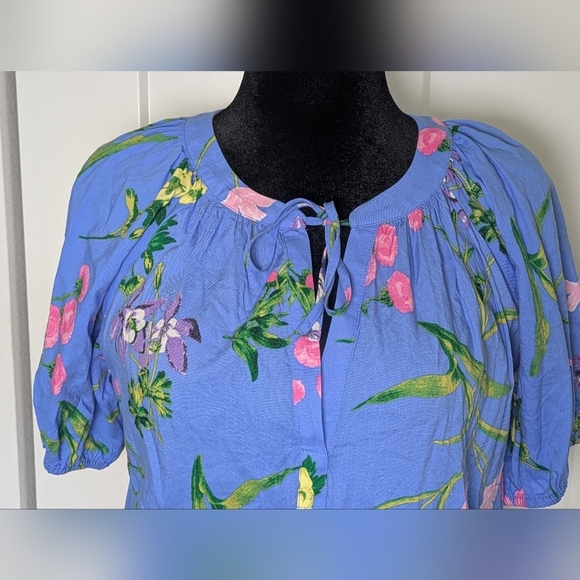 LOFT Women's Floral Blue Blouse Top Deep V-neck Balloon Sleeve Sz M - Picture 3 of 9